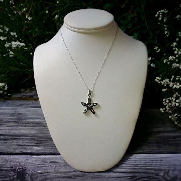 Abalone Star Sterling Necklace 925 Silver Pendant Daisy Flower 18" Beach Coastal - Picture 7 of 16